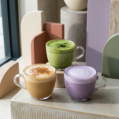 Tre bevande: matcha latte, ube latte e pumpkin spice latte